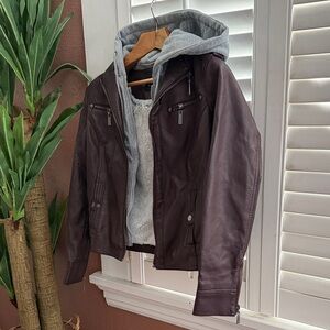 Faux Leather Jacket with removable built-in Gray Hoodie